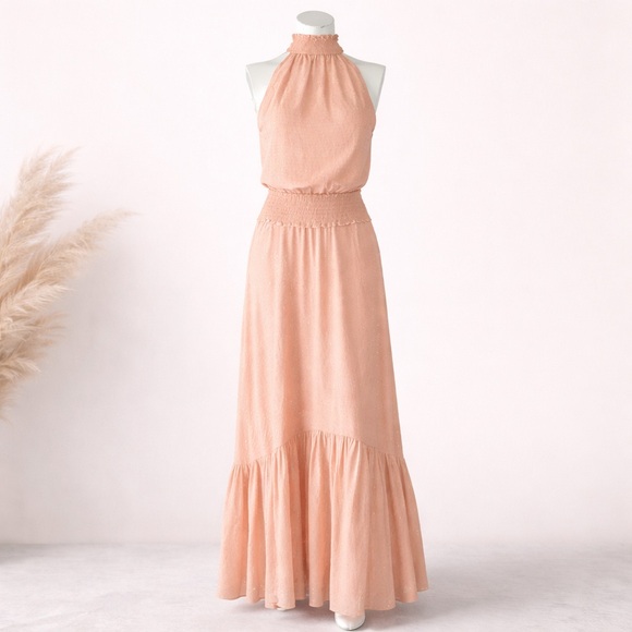 A.L.C. Peach Metallic Silk Halter Maxi Dress Smocked Waist Size 6